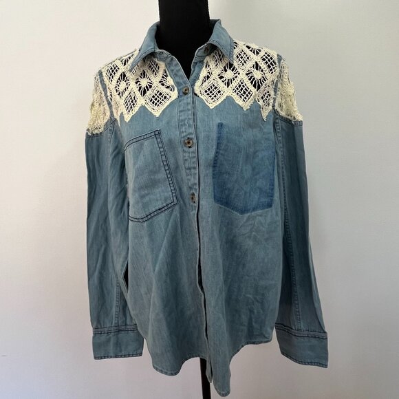 We The Free Denim Fields Top, Buttondown, Lace & Crochet, New, Small - Picture 4 of 7